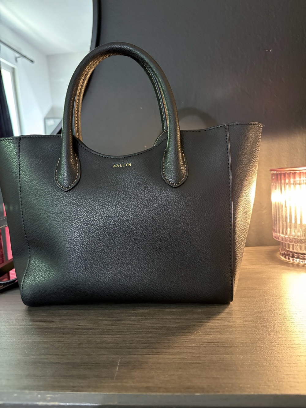 AALLYN Lilly Satchel Black Pebbled Leather Gold Hardware